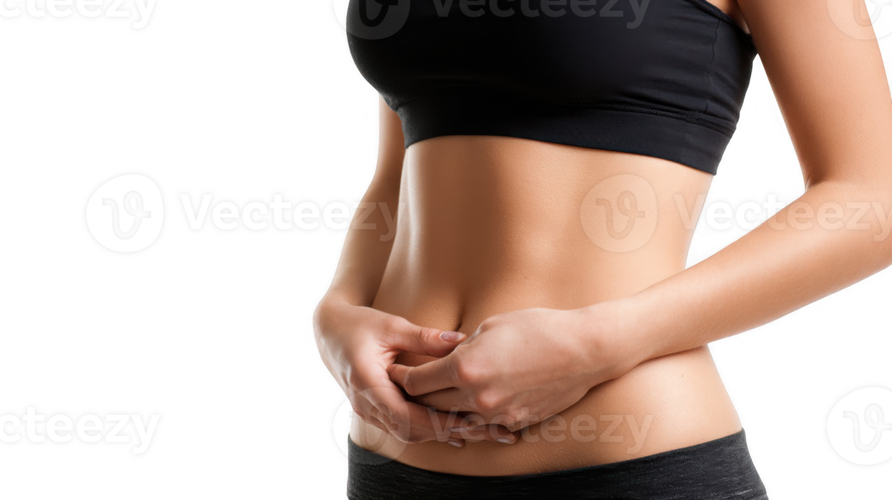 Woman touching belly suffering from abdominal bloating on transparent background png