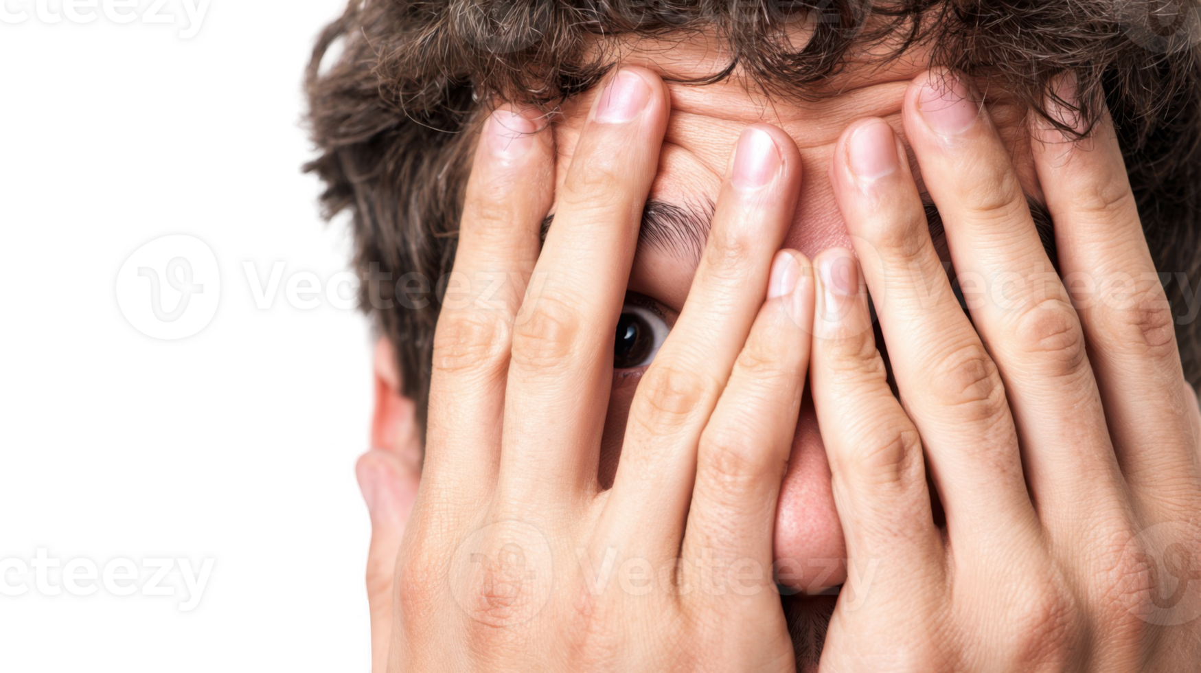 Young man hiding face showing anxiety and fear with transparent background png