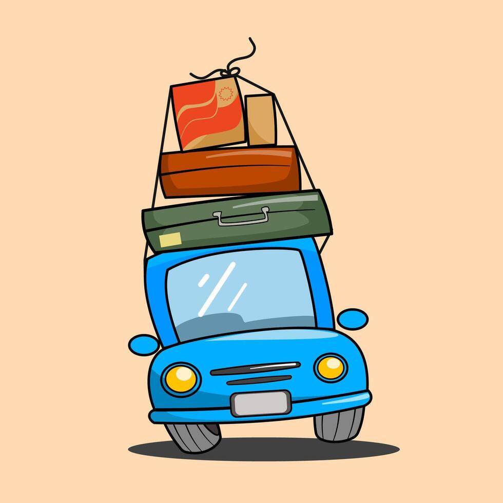 Funny blue car with overloaded roof vector