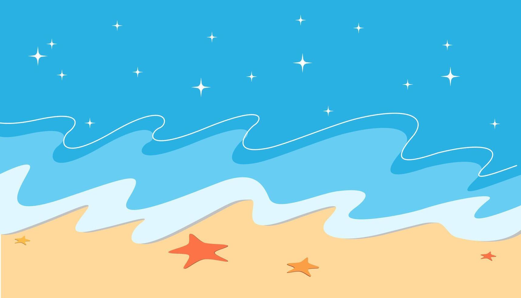 Flat design beach with blue waves and stars vector