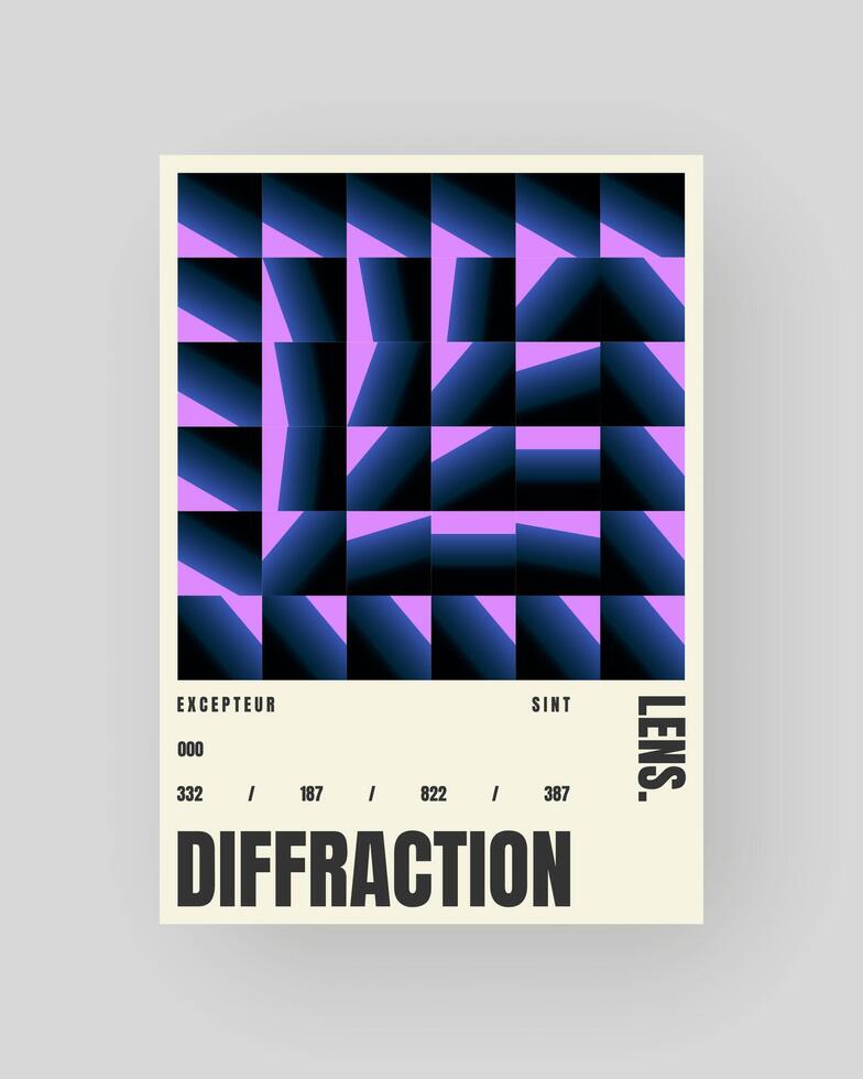 Retro-futuristic and abstract poster design. Geometric glass refraction and distortion gradient. Purple light vector