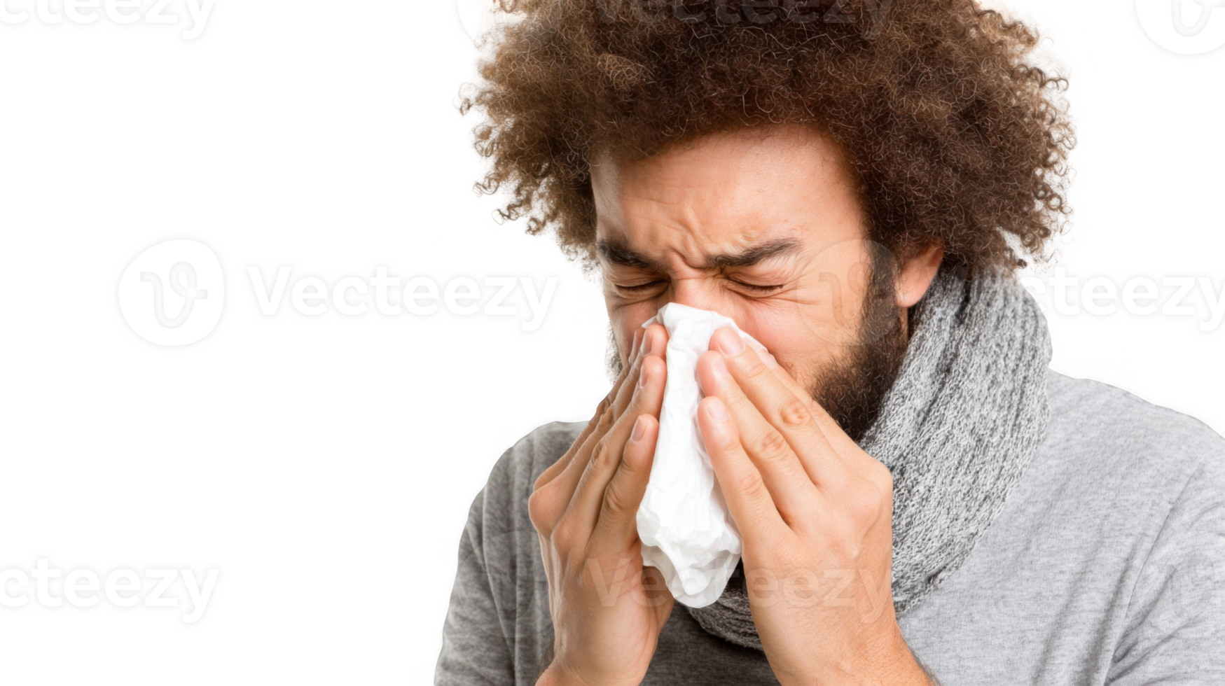 Sick young man sneezing into tissue with transparent background png