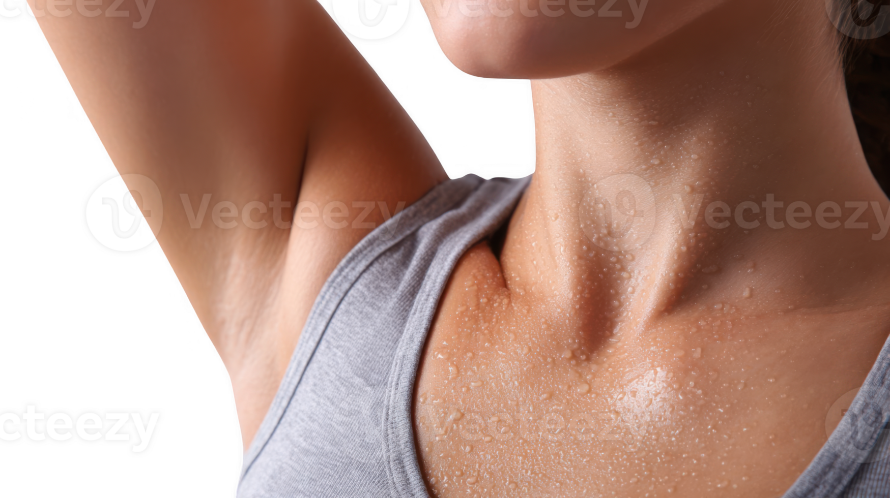 Woman sweating profusely after intense workout on transparent background png