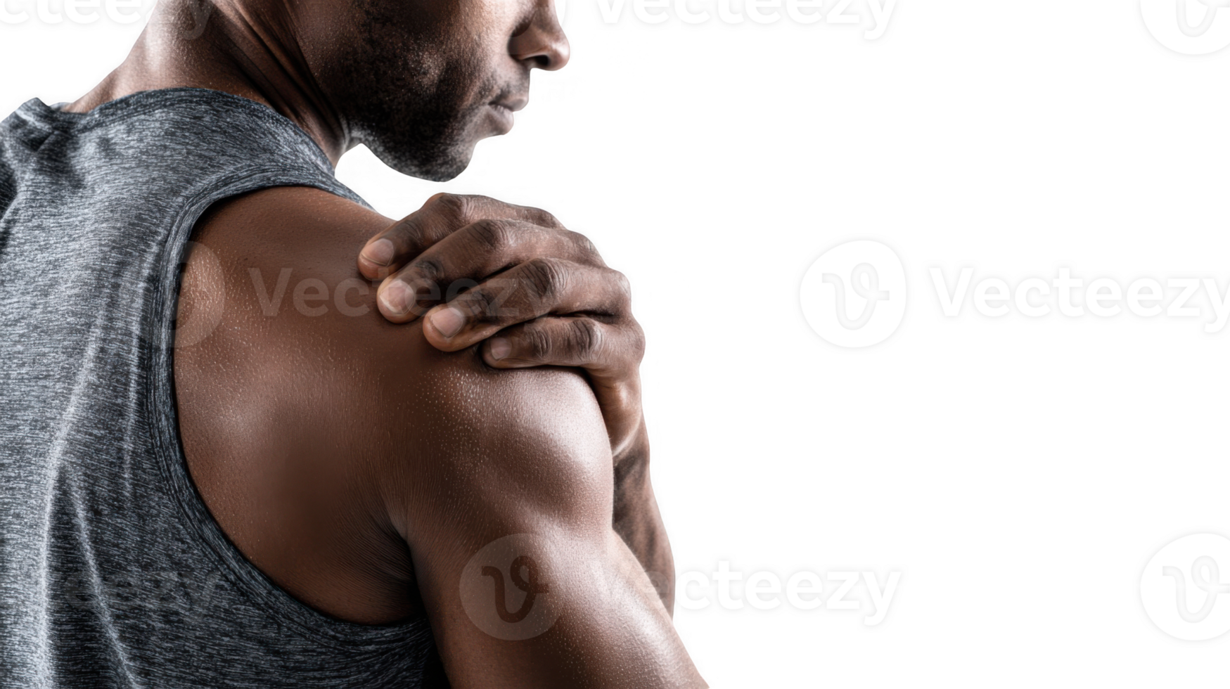 Close up of male athlete grabbing sore shoulder on transparent background png