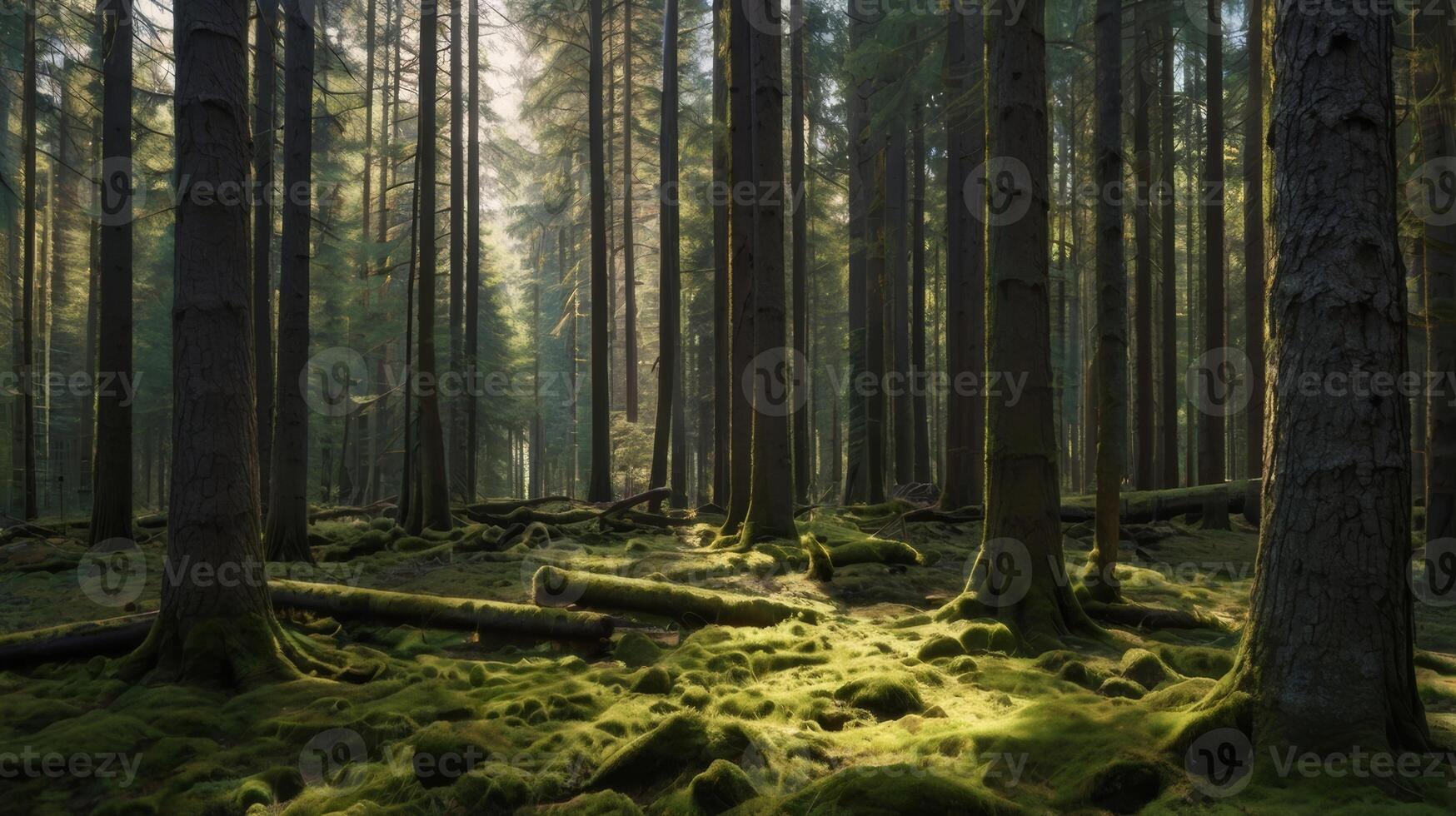 Tranquil woodland scene with sunlight streaming through towering trees photo