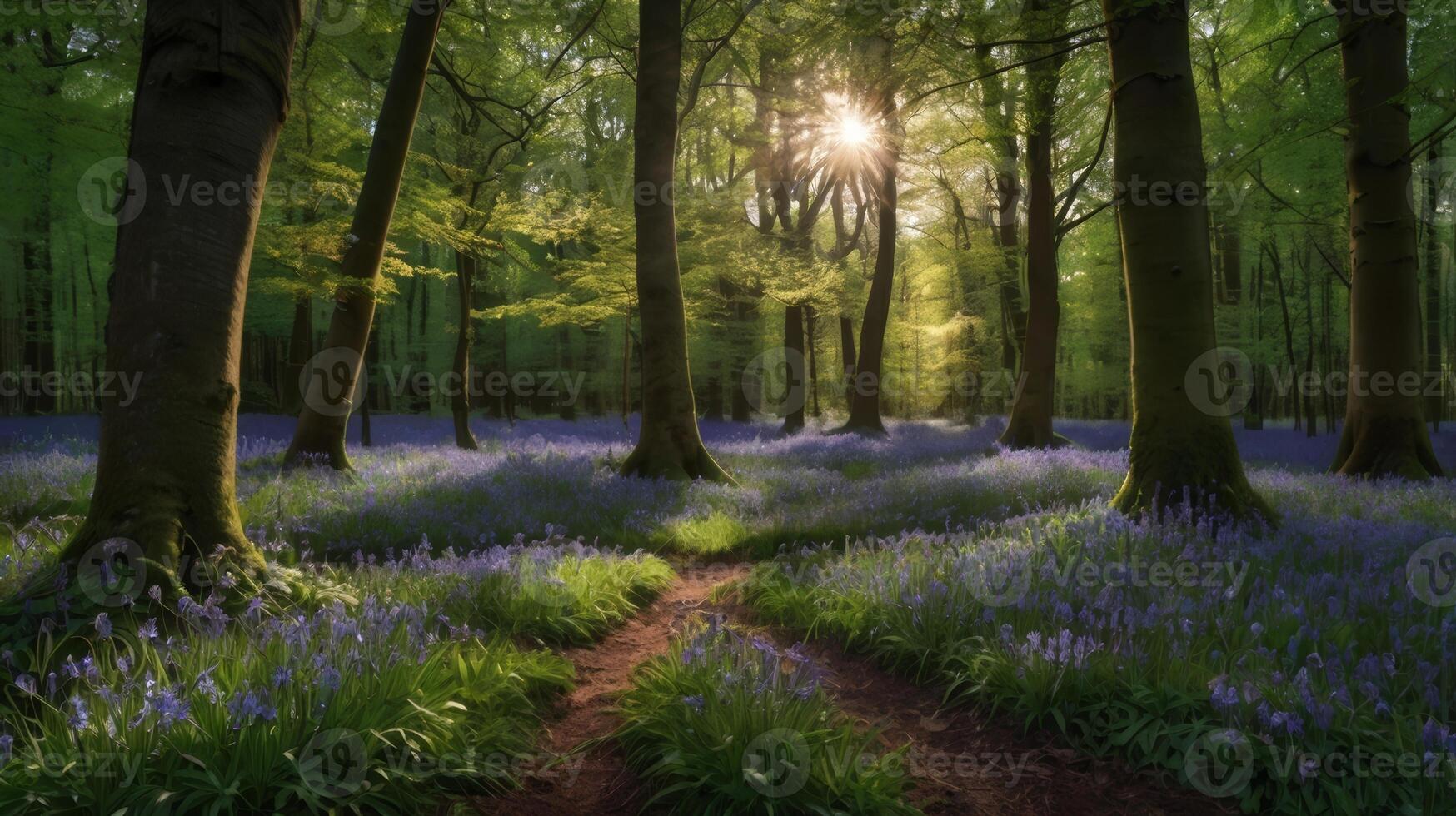 Enchanting Forest Path Through Bluebells with Sunlit Tree Canopy Display photo