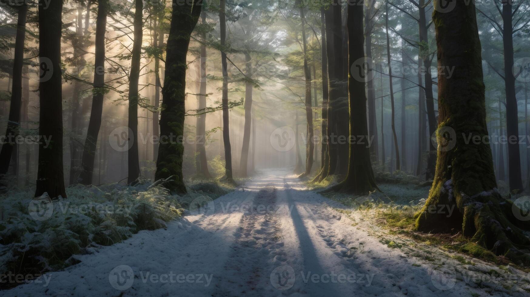 Sunlight streaming through trees in a winter forest creating a scenic view photo