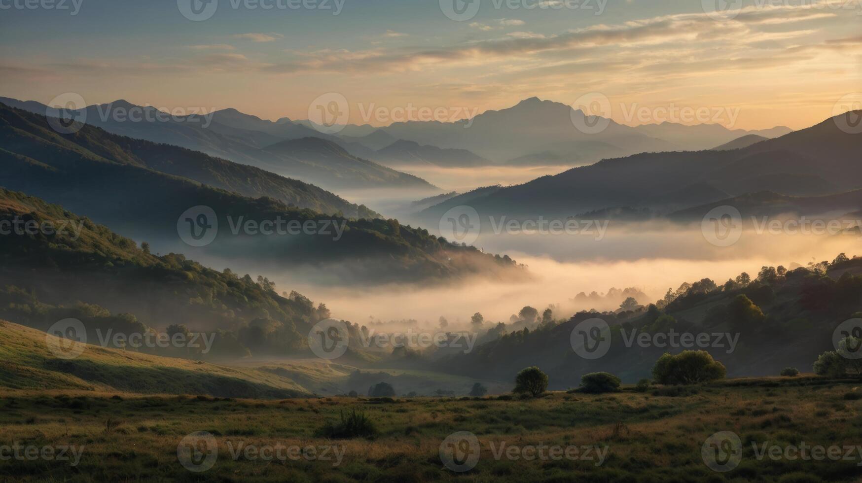 Majestic mountain range shrouded in morning mist at sunrise with golden light photo