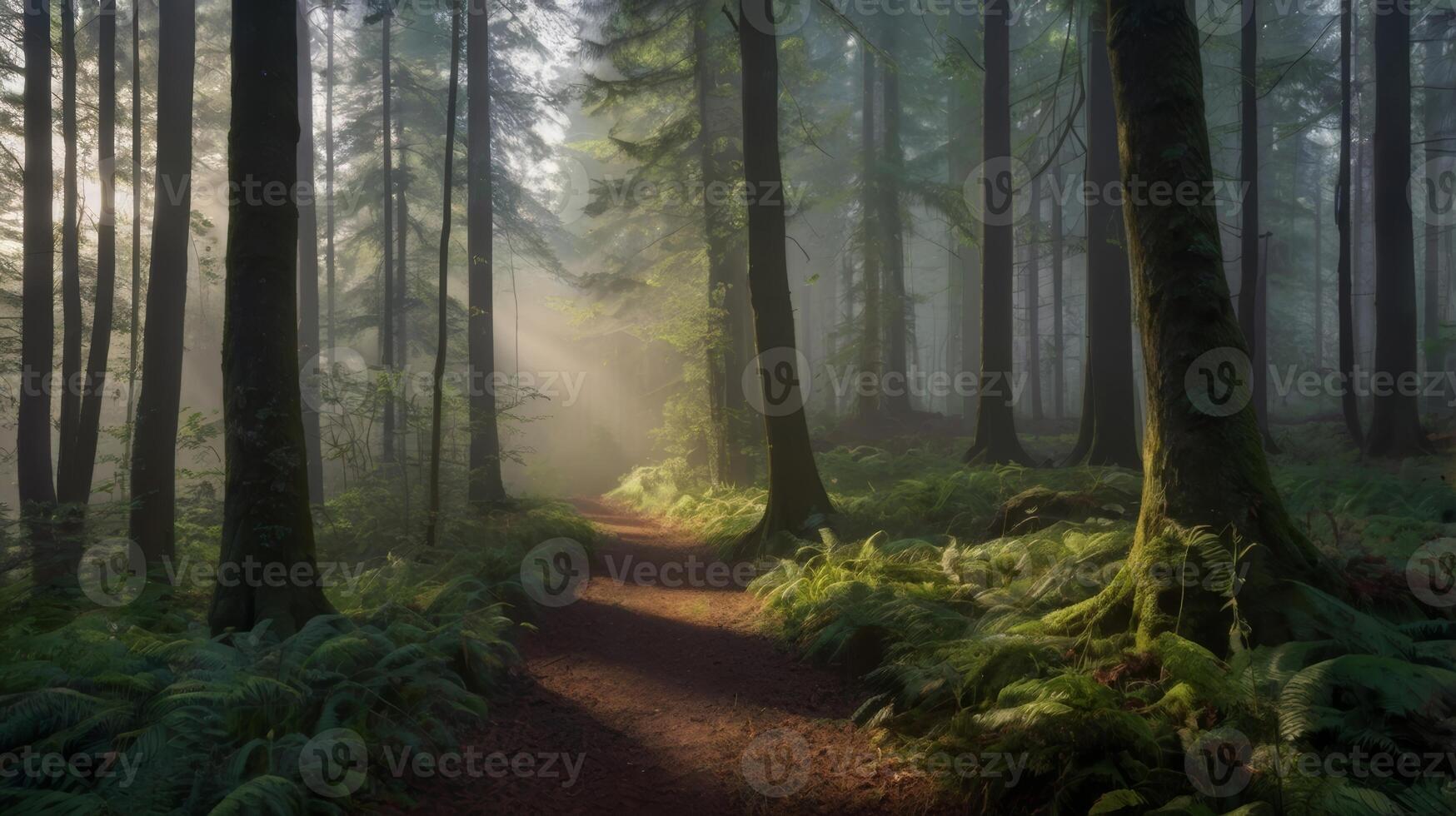 Serene Pathway Through a Misty Forest with Sun Rays and Lush Greenery photo