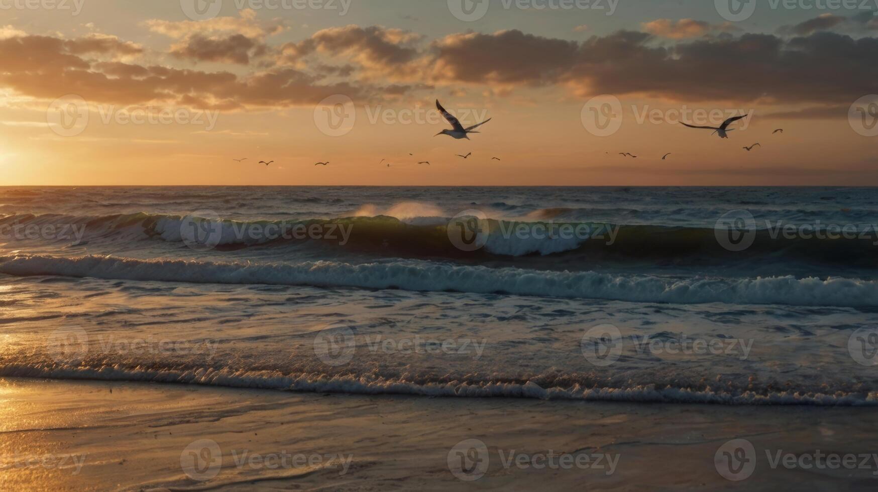 Scenic Ocean Sunset with Waves and Birds Flying over the Water Surface photo