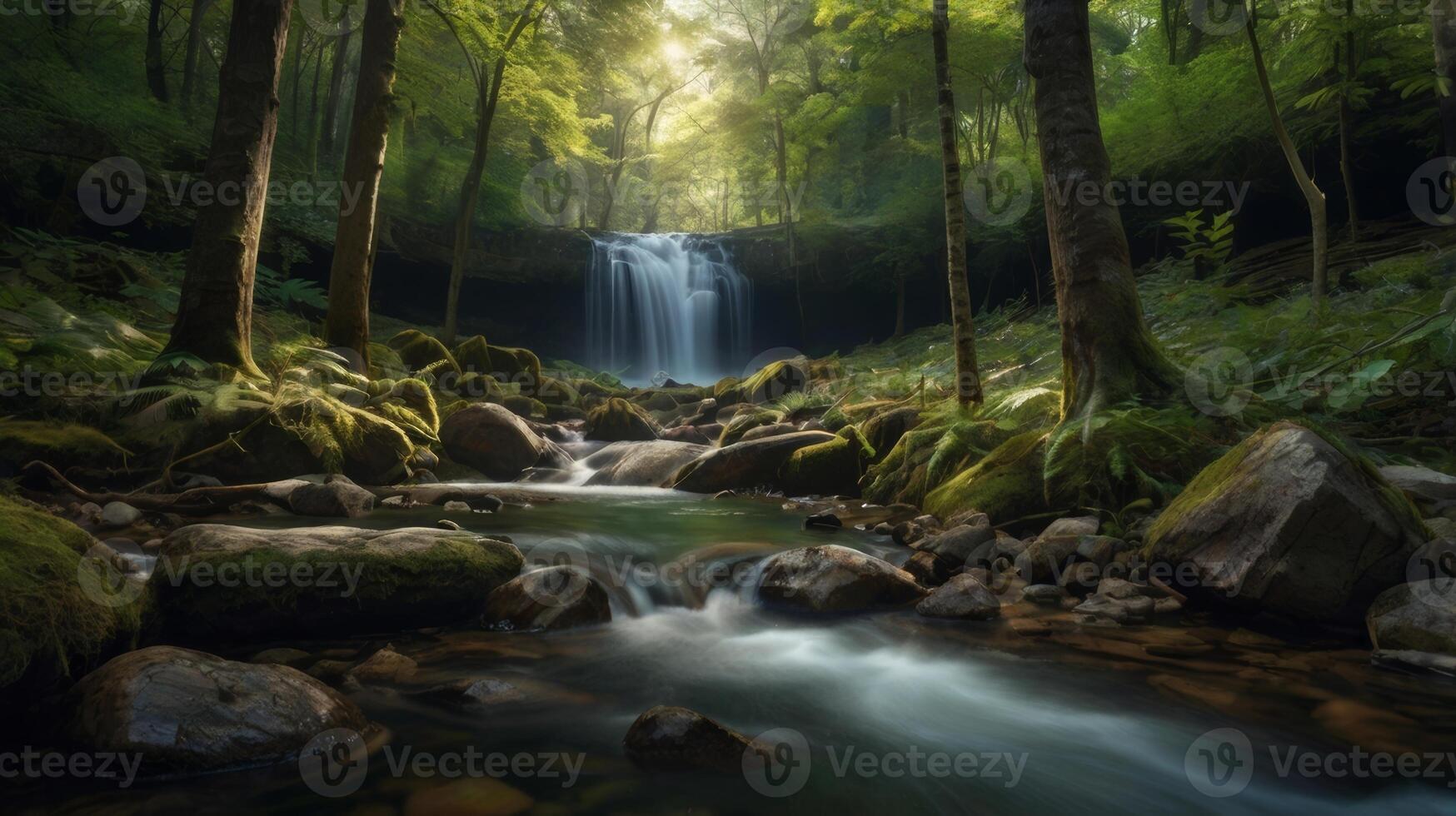 Serene Forest Waterfall Flowing Through Mossy Rocks and Lush Greenery Landscape photo