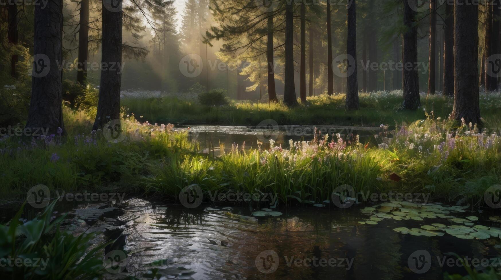 Enchanting Forest Pond at Dawn with Soft Sunlight and Lush Greenery Creating a Serene Scene photo