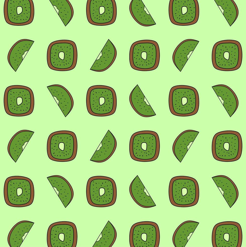 A seamless pattern whole and sliced cartoon-style kiwi fruit with bright green background. suitable for textiles, packaging, or digital backgrounds. vector