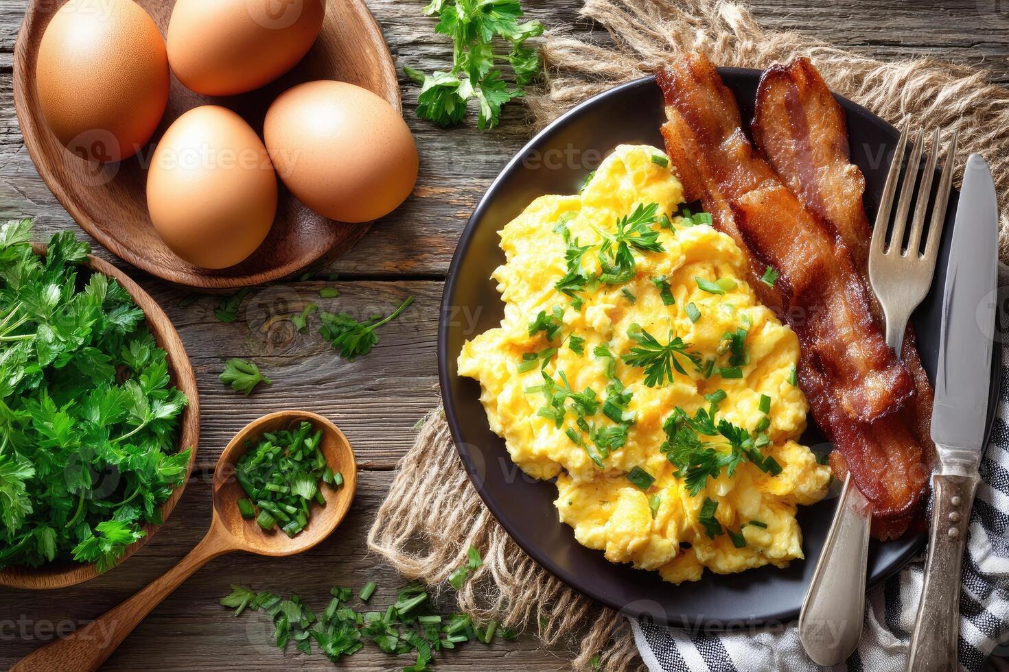 Delicious Breakfast Spread with Eggs and Bacon photo