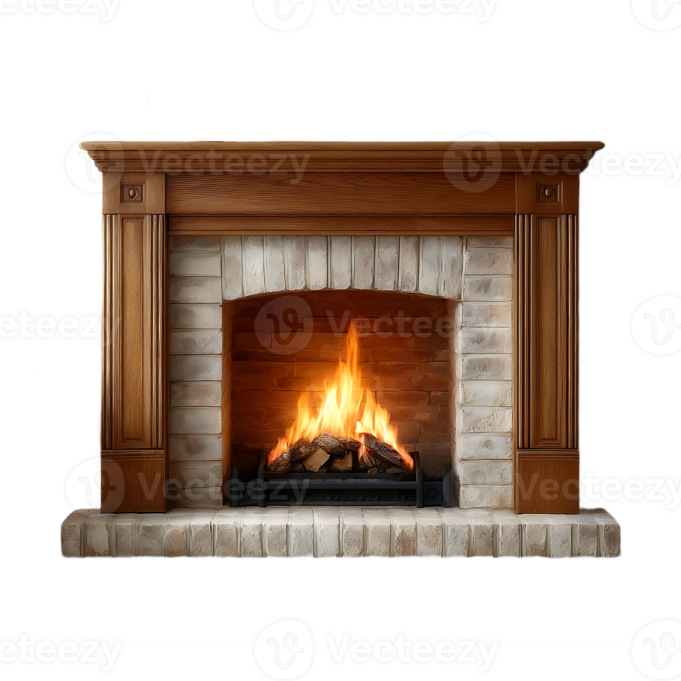 Cozy fireplace with wooden mantel and brick surround burning logs png