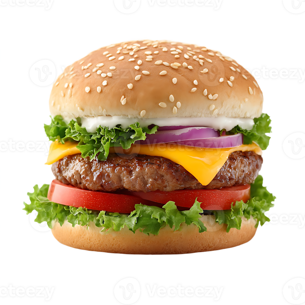 Delicious juicy burger sesame bun lettuce tomato onion cheese beef patty png