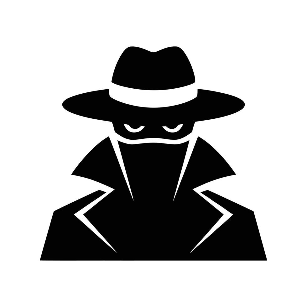 Mysterious Spy Logo, Secret Agent Silhouette with Hat and Coat, Undercover Detective Symbol for Security, Privacy, Surveillance, and Hacker Concepts vector