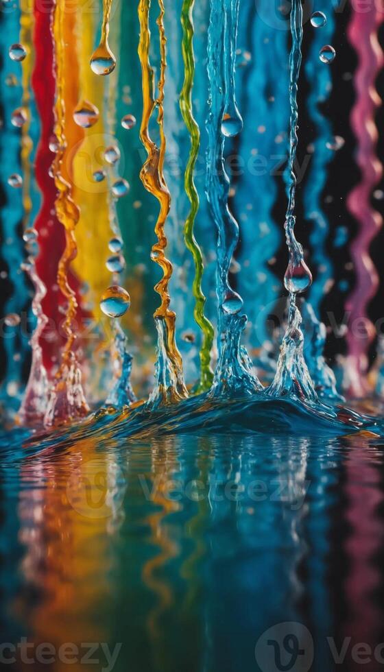 Vibrant colored liquid streams splashing into water, creating a mesmerizing reflection of color and movement. photo