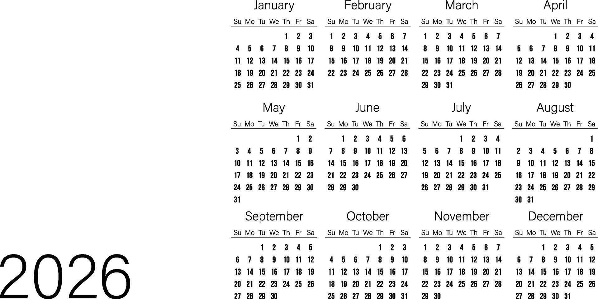 Minimalist 2026 yearly calendar template with simple black and white design vector