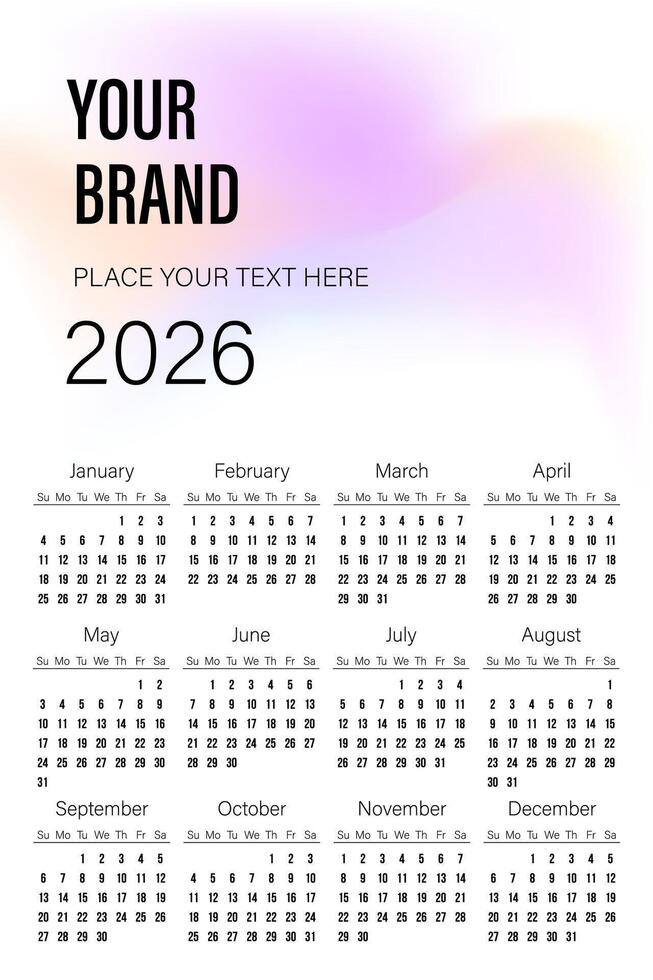 Customizable 2026 calendar template with gradient background for your brand vector