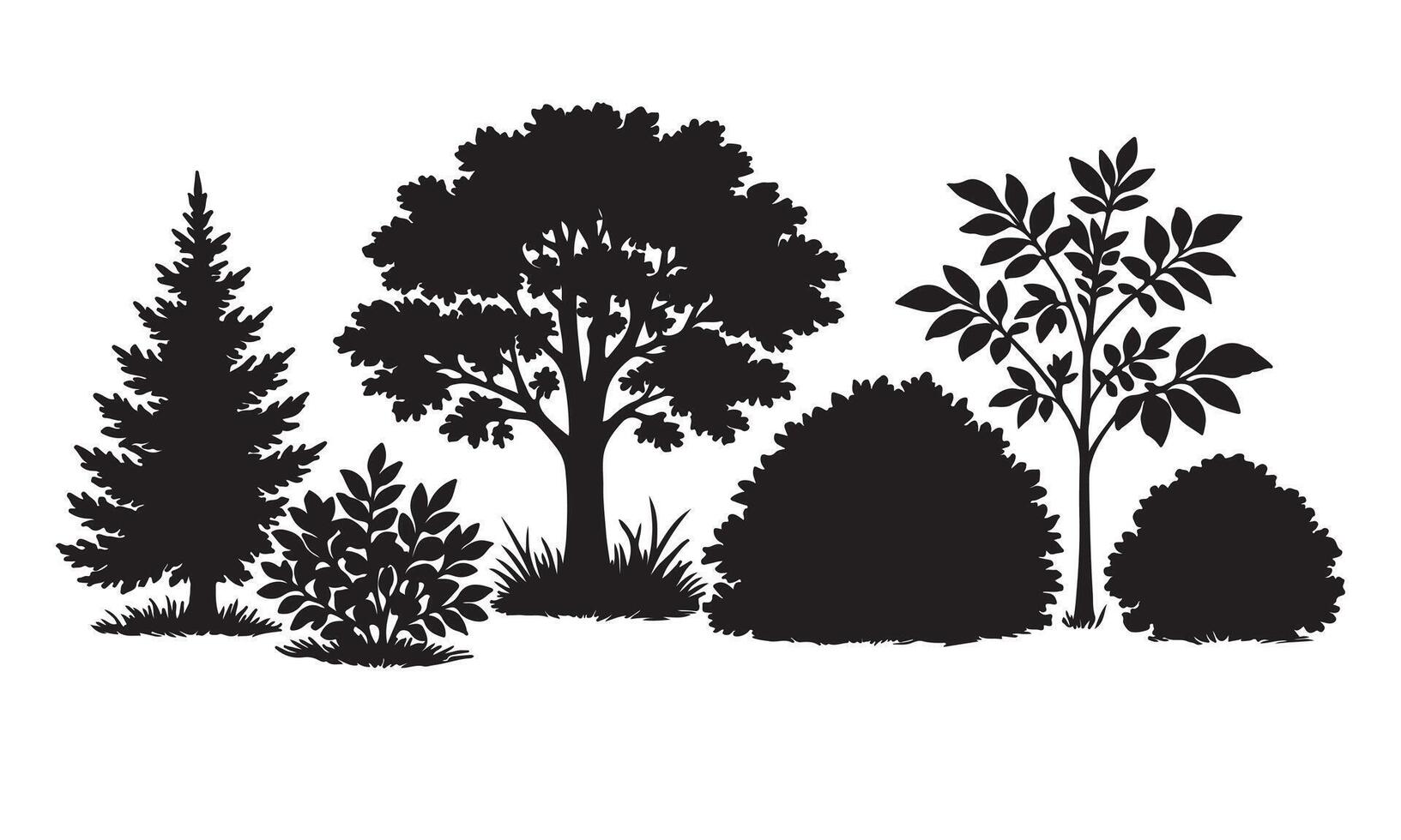 Black Silhouettes of Trees Shrubs and Coniferous Evergreen in a Garden Setting bushes vector