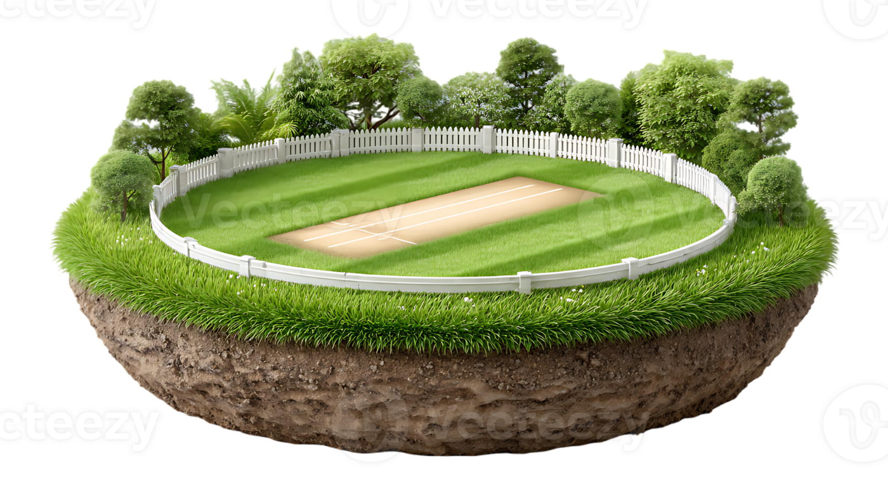 Cricket pitch on a grassy island surrounded by a white fence and lush greenery png