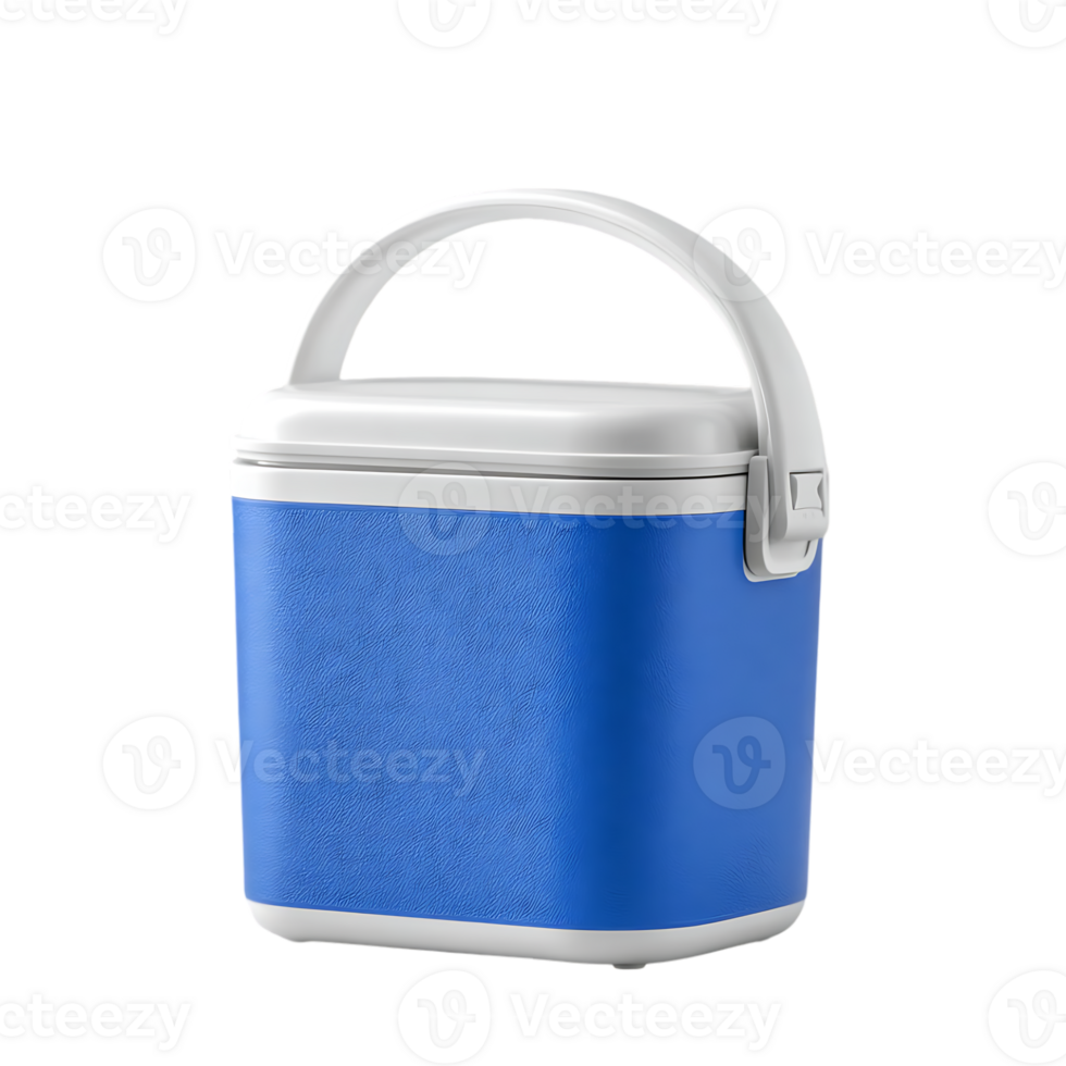 Blue portable ice box with white handle and lid ideal for picnics and outdoor activities png