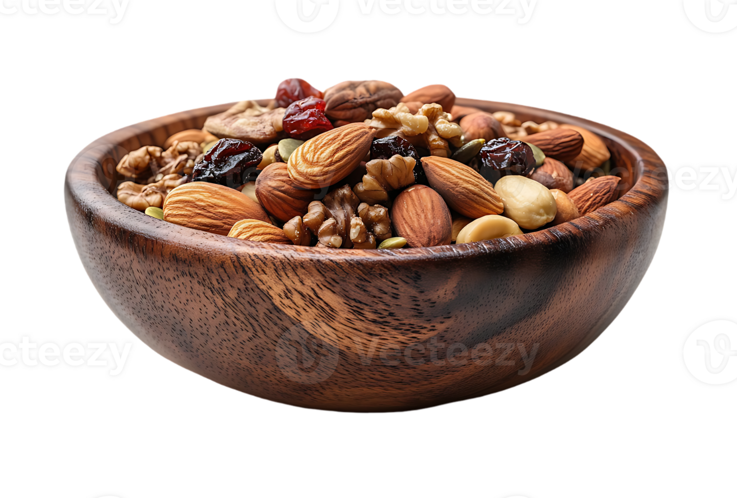 Wooden bowl filled with almonds walnuts cashews peanuts pumpkin seeds and dried cranberries a healthy snack mix png