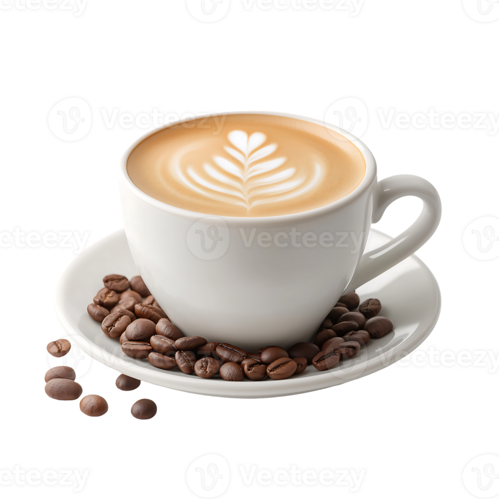 A cup of latte art coffee with roasted beans on a saucer png
