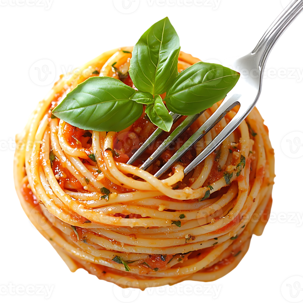Delicious spaghetti with tomato sauce and basil a fork lifts a strand of pasta png