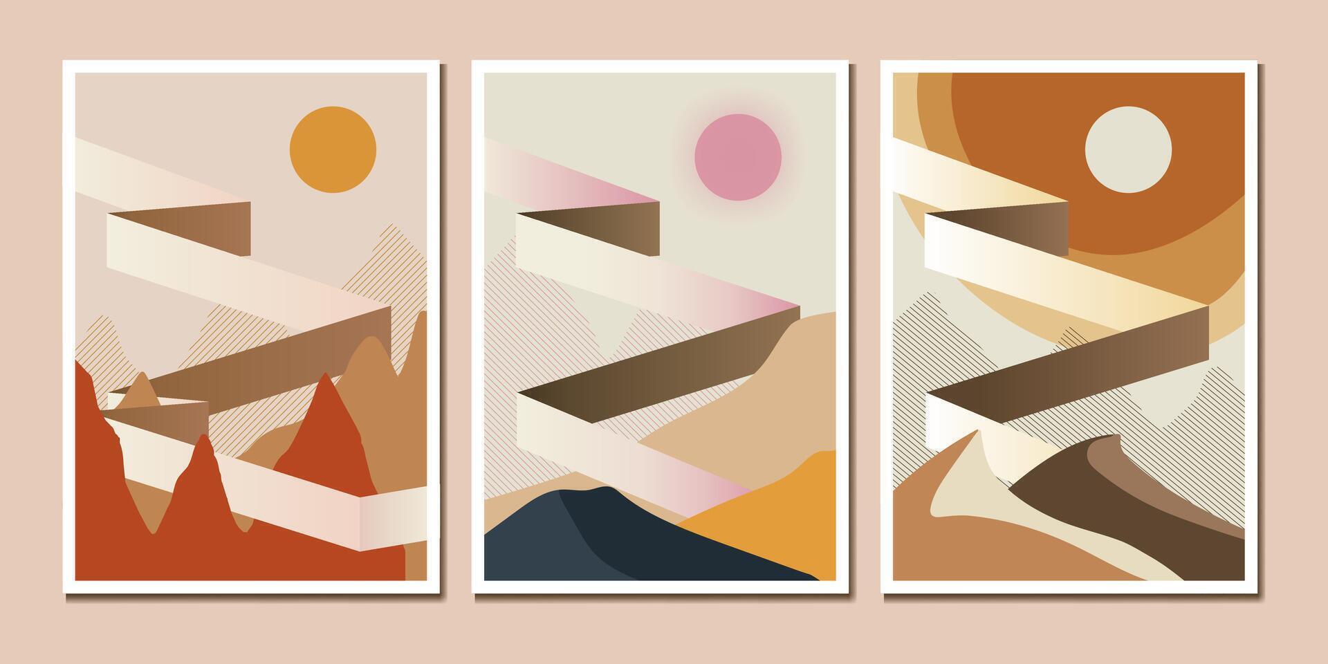 A collection of abstract, earthy-tone travel posters promoting adventure, exploration, and stillness with modern minimalist design vector