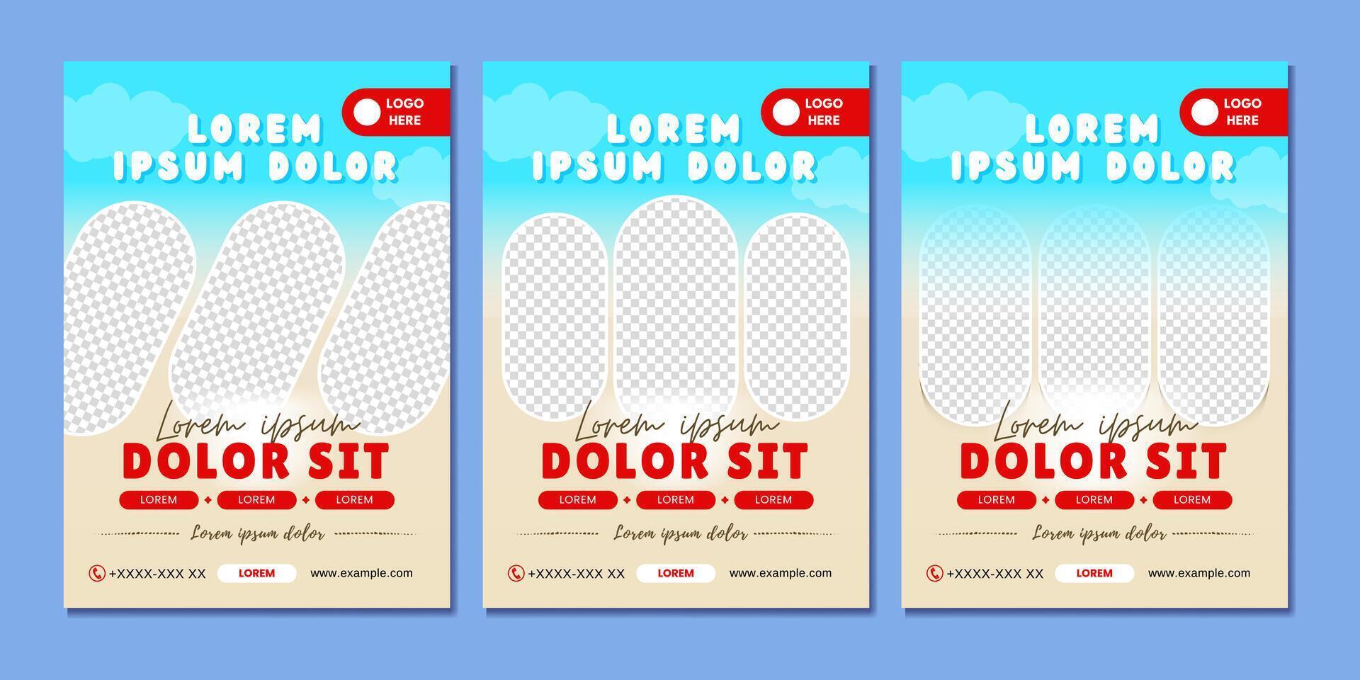 Editable travel posters promoting best destinations with photo frames for nature, city, and beach perfect for tourism ads and social media. vector