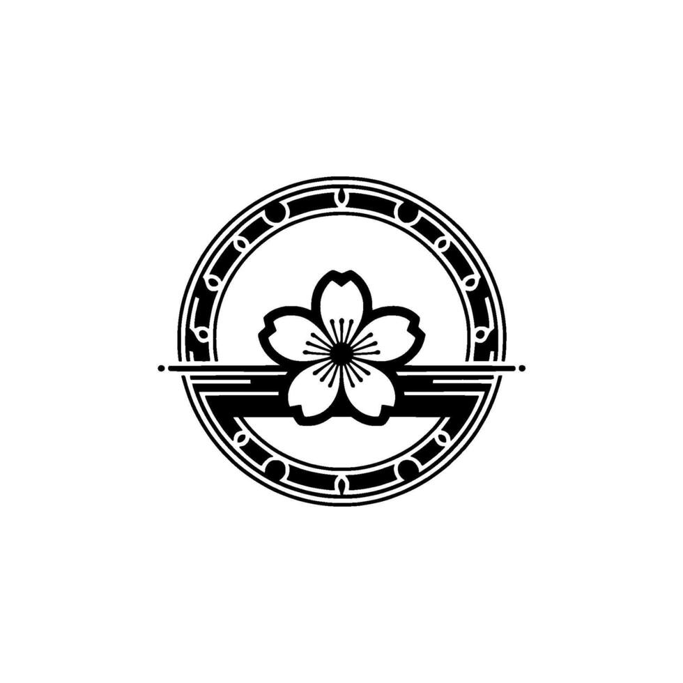 Art Deco Cherry Blossom Emblem - Black White, Minimalist. vector