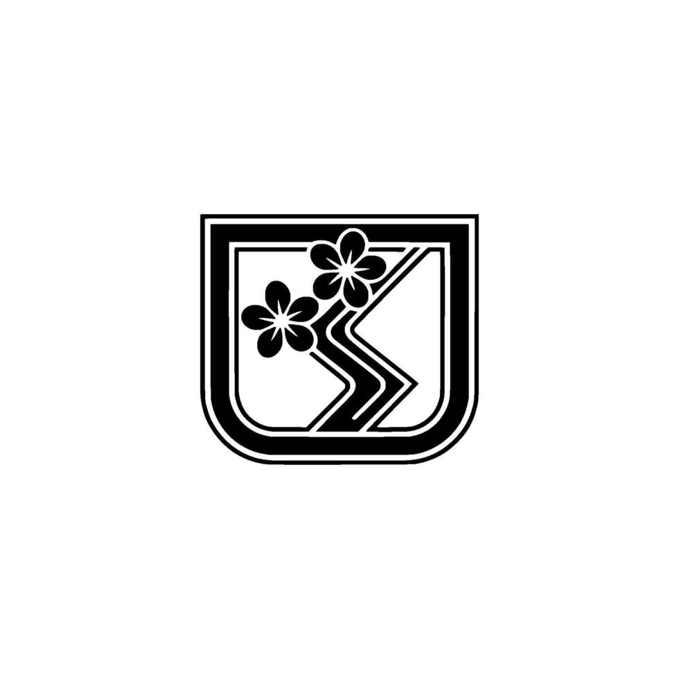 Minimalist Floral Crest , Black and White Emblem. vector