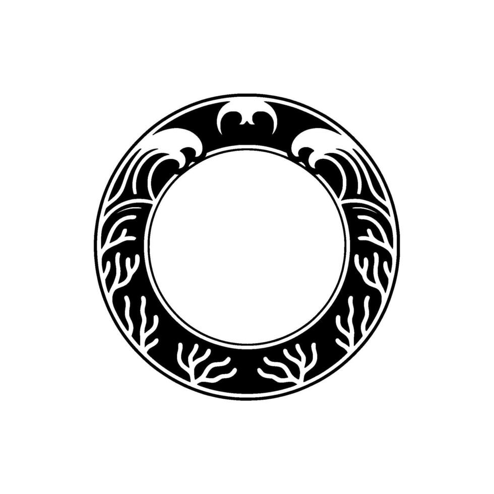 Decorative Black White Sea-Inspired Round Frame Element. vector