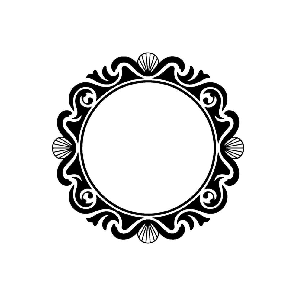 Elegant Black Circular Frame with Shell Accents on White Background. vector