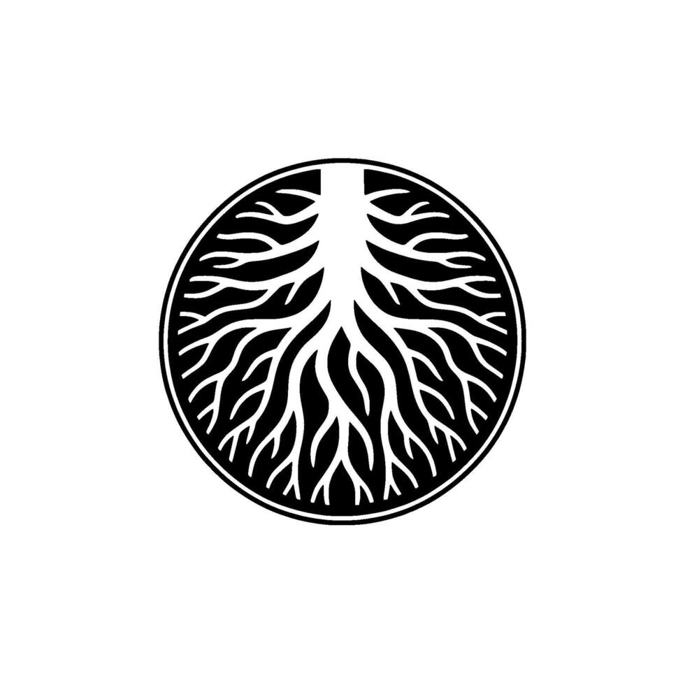 Minimalist Tree Roots Emblem Black White Circular. vector