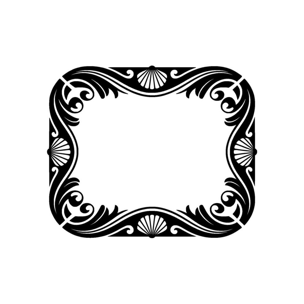 Elegant Black Frame Scrollwork, Seashells, Decorative Border. vector