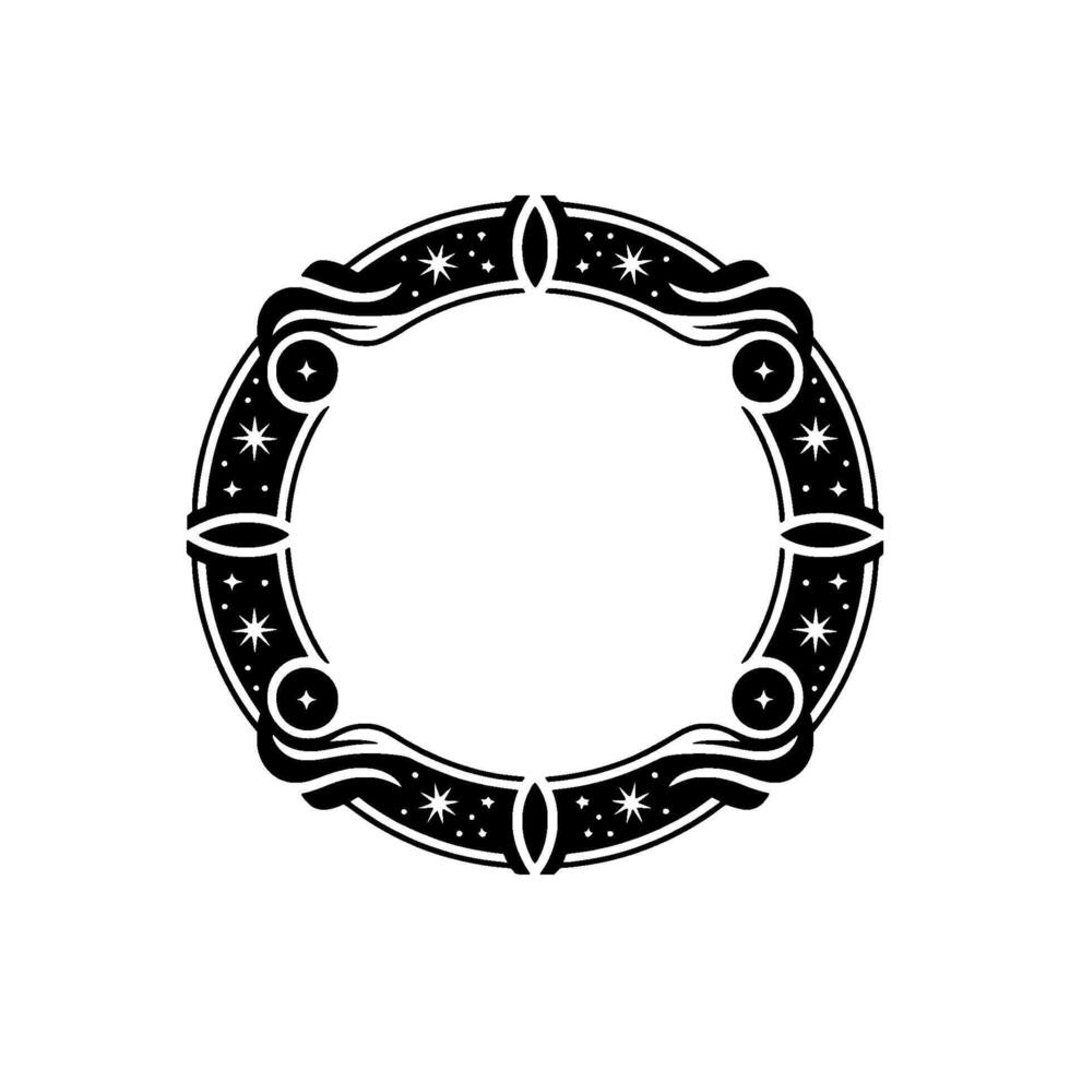 Celestial Ornament Circle Frame, Black White, Minimalist. vector