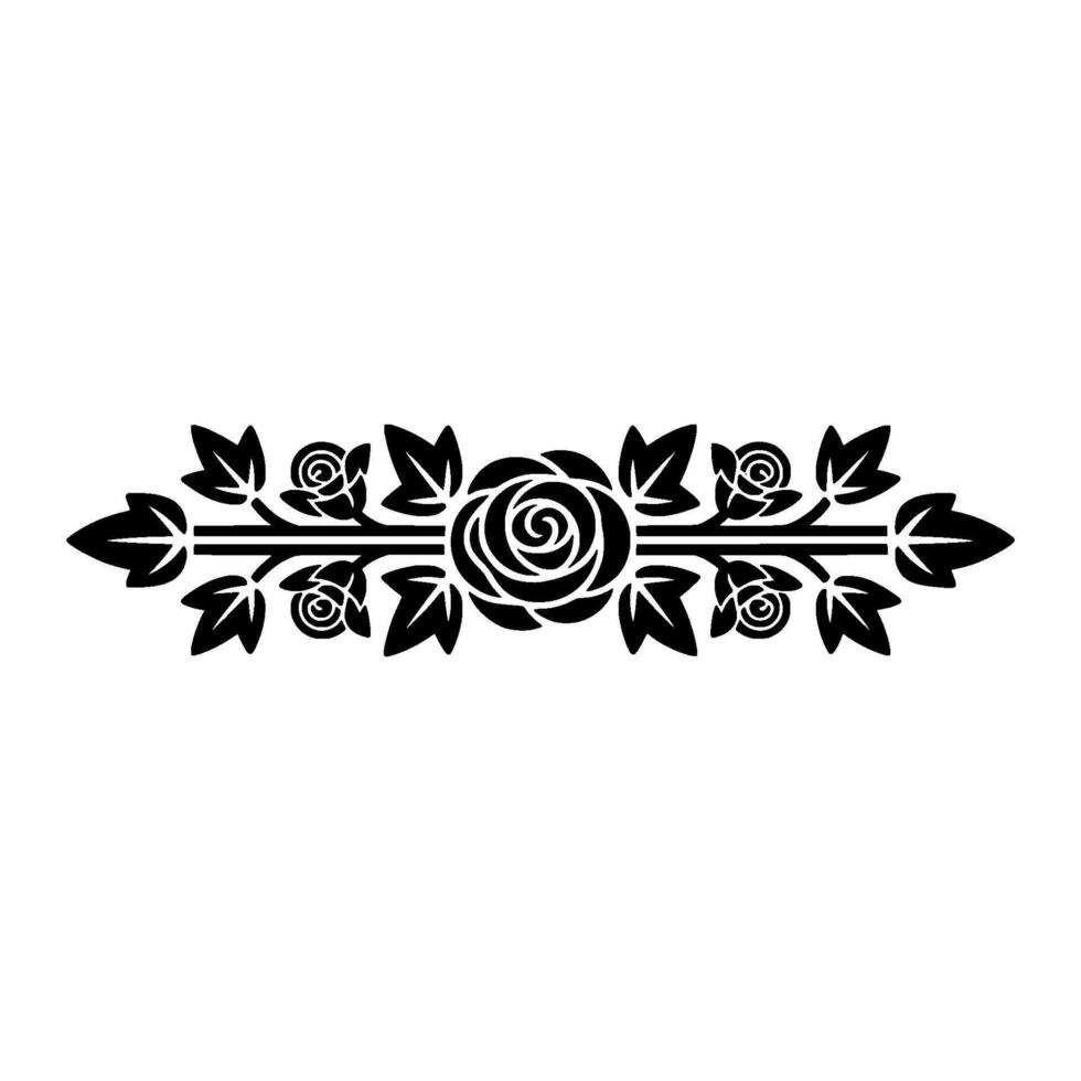 Elegant Floral Border Roses and Leaves in Black Silhouette. vector