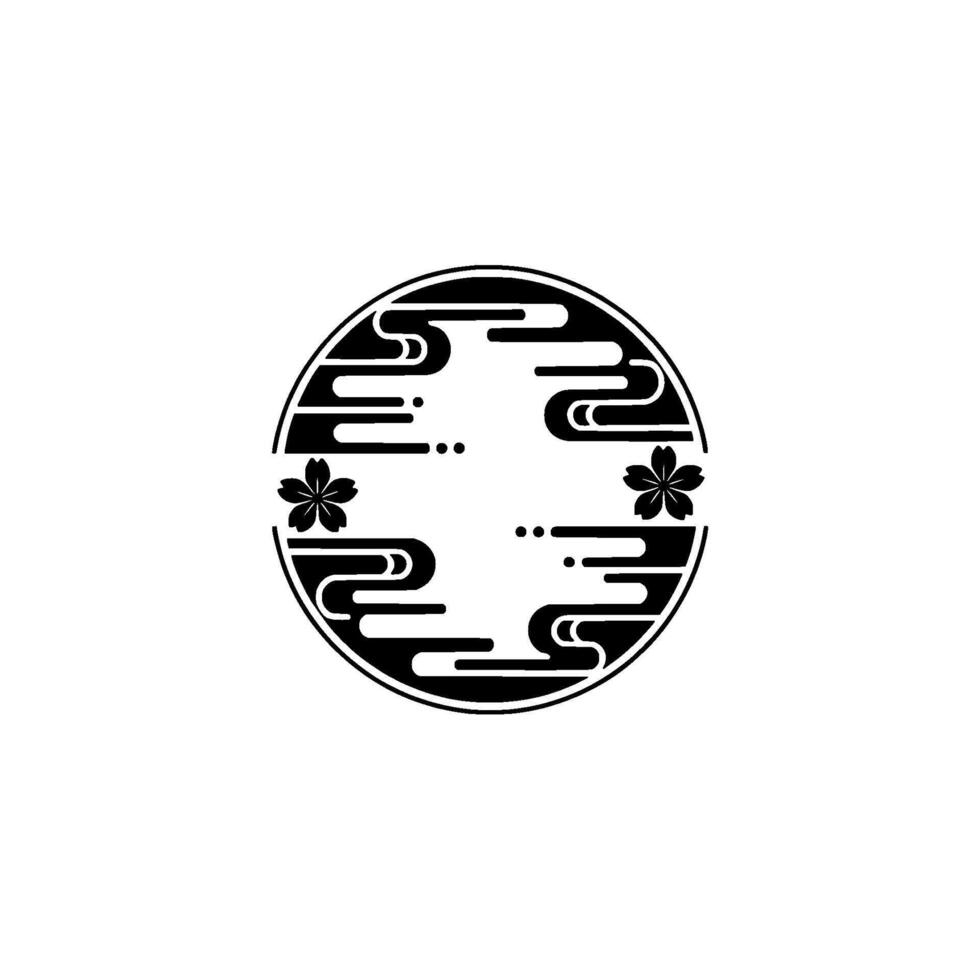 Japanese Zen Circle Sakura, Clouds, and Black and White Minimalist. vector