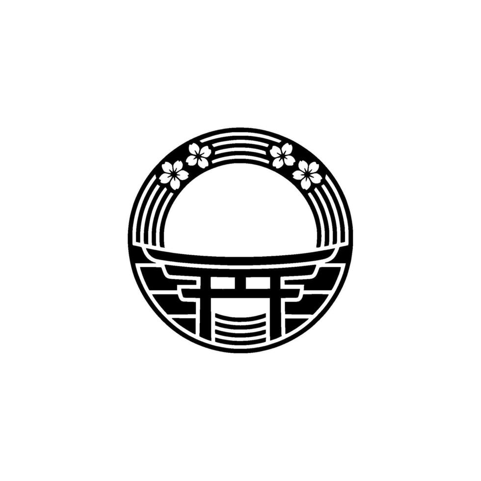 Minimalist Japanese Crest with Torii and Cherry Blossoms on White. vector
