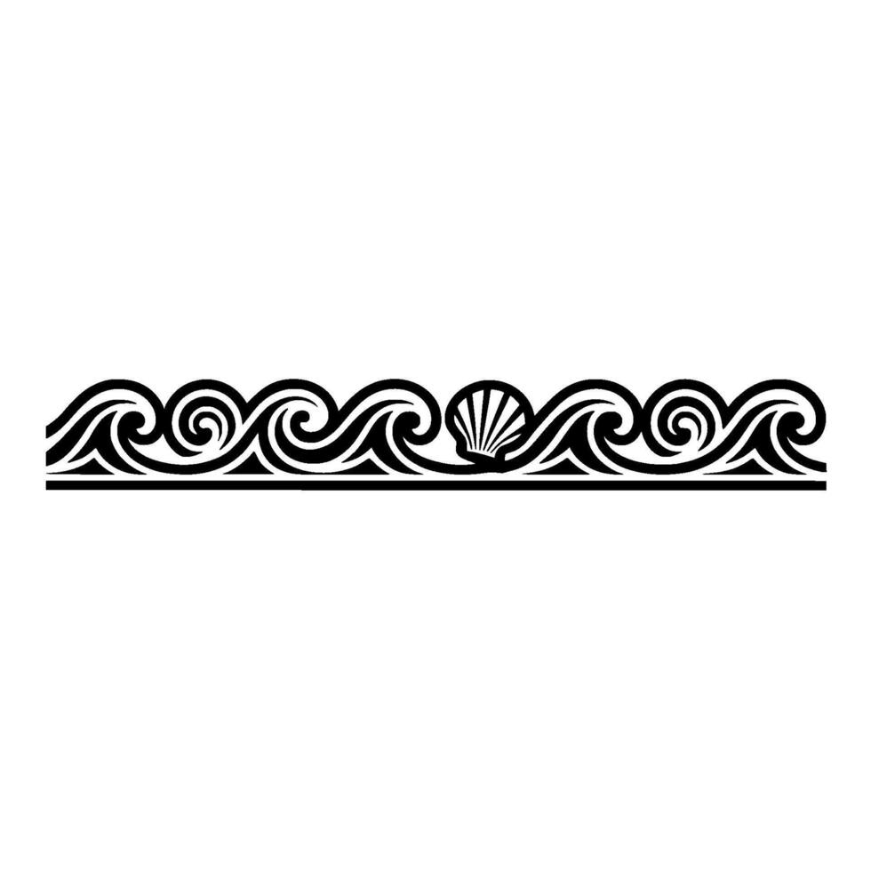 Stylized Black White Ocean Wave Border with Seashell. vector