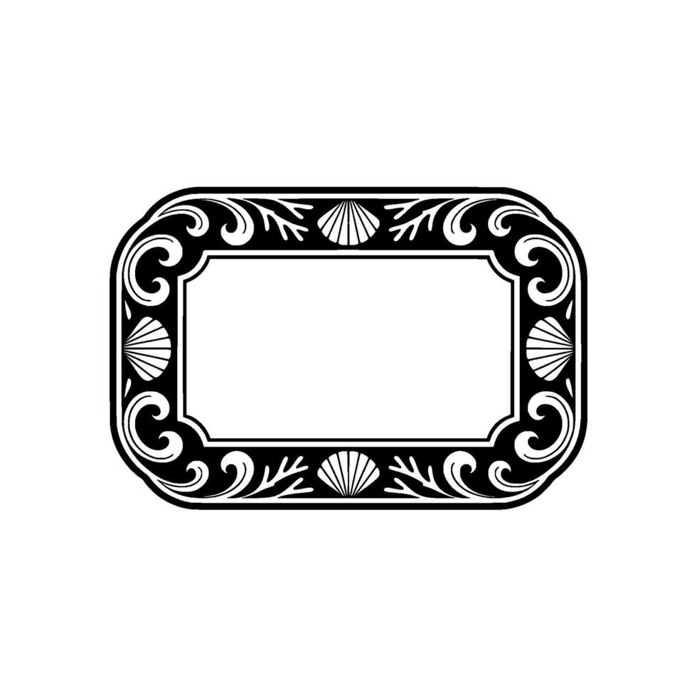 Elegant Black White Decorative Rectangular Frame, Shell Accents, Nautical Aesthetic. vector