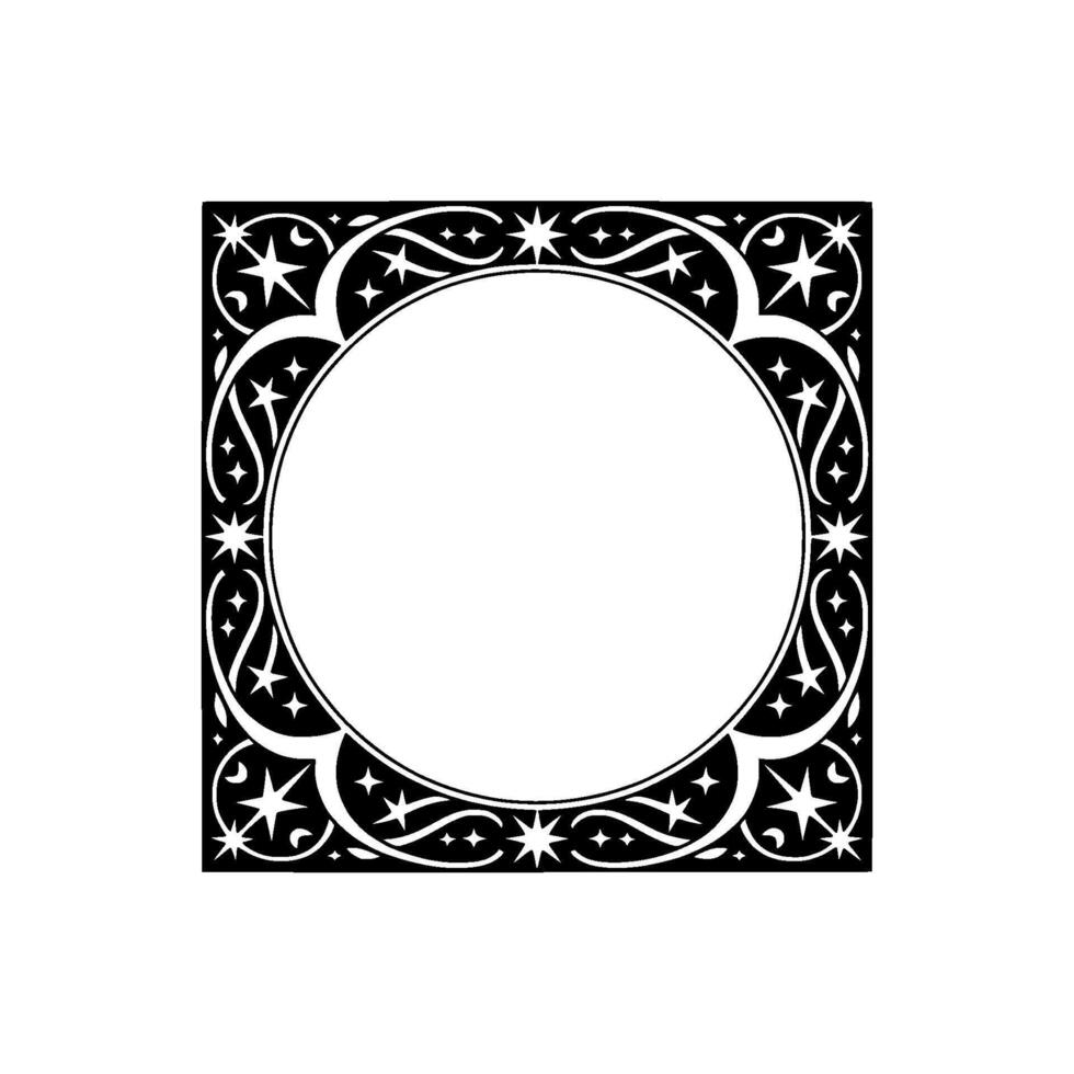 Celestial Ornamented Circular Frame in Black White. vector