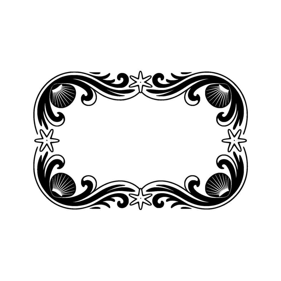 Elegant Nautical Frame Black and White Seashells Starfish. vector