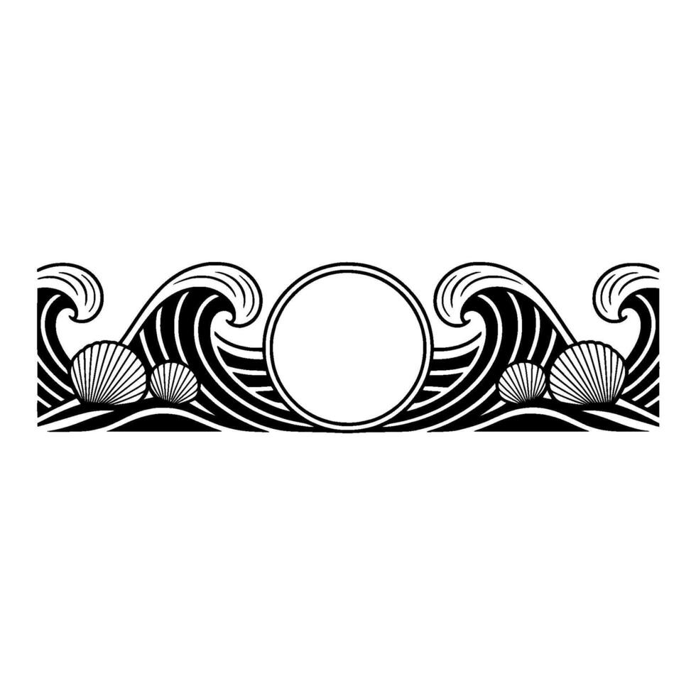 Art Deco Ocean Border Waves, Shells Circle Frame. vector
