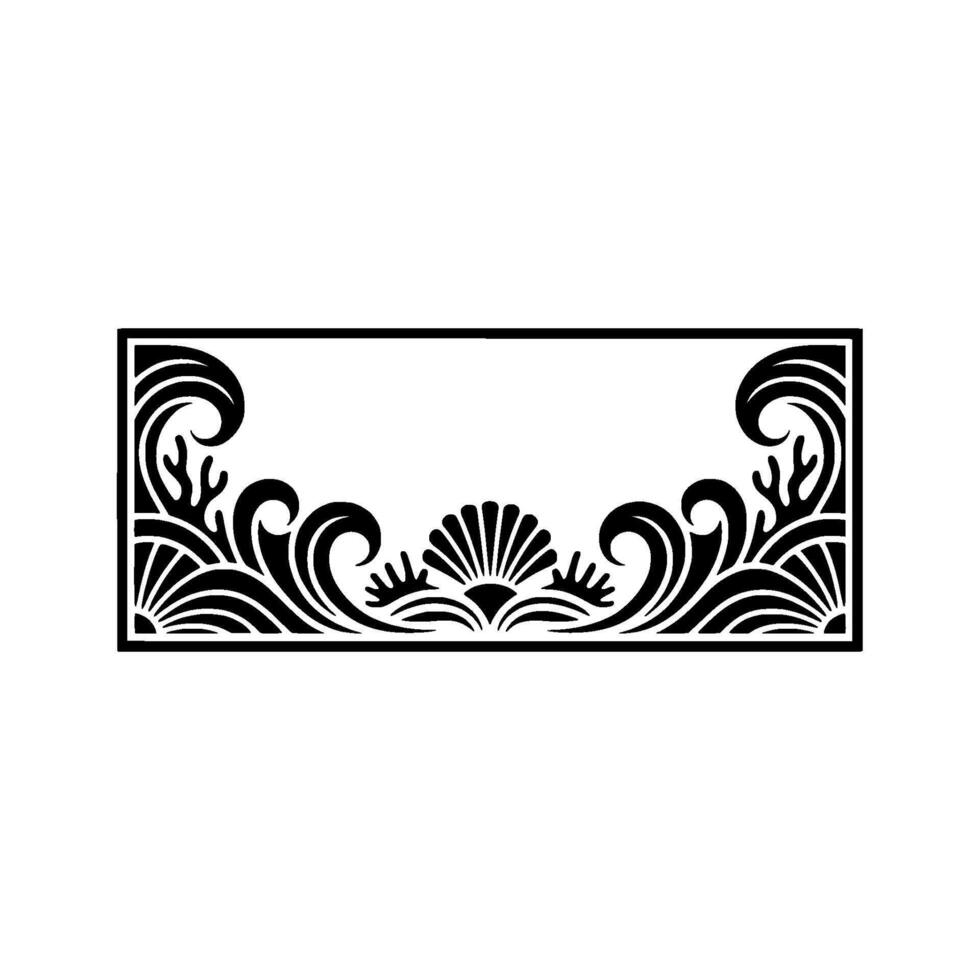 Elegant Art Deco Frame Seashell and Wave on White Background. vector