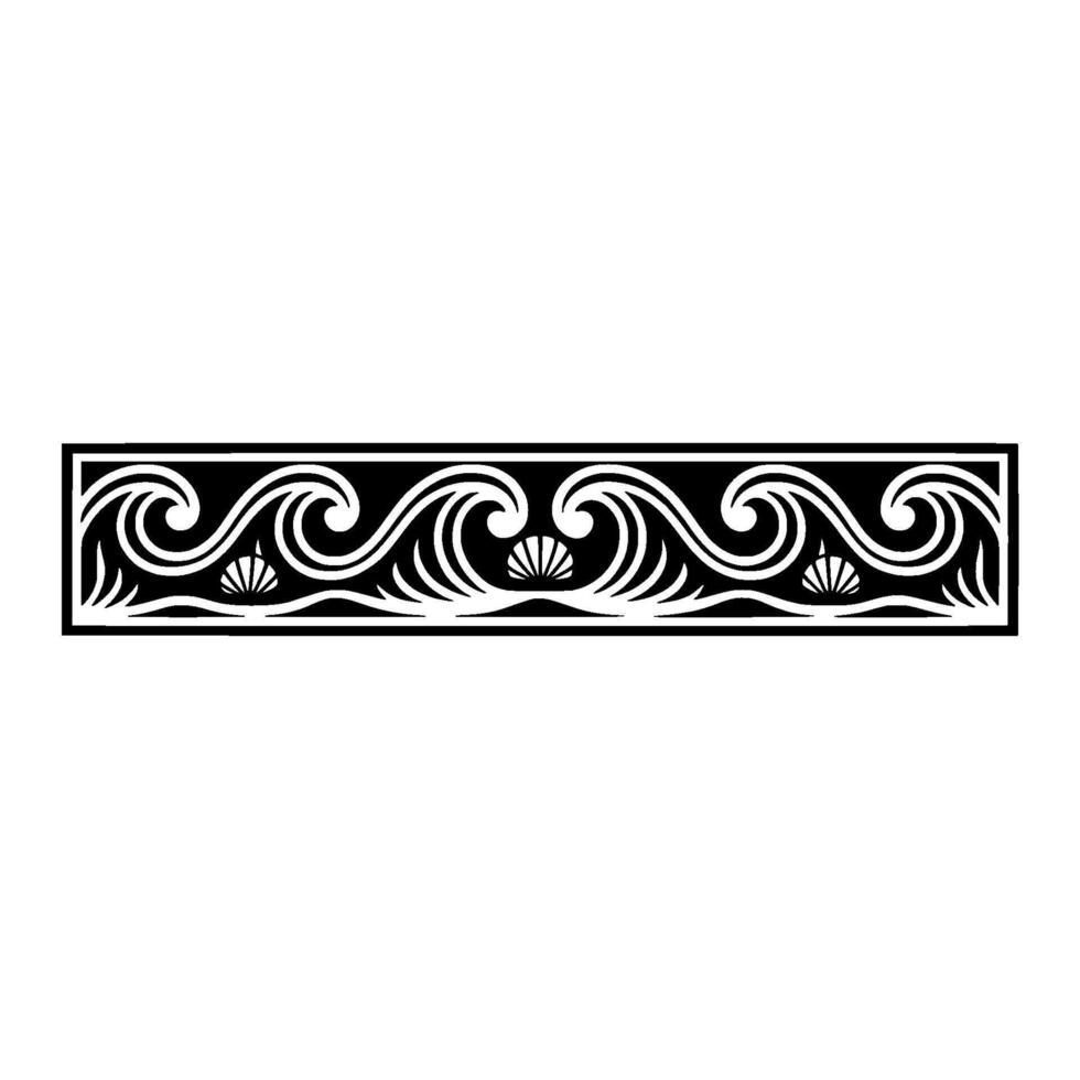 Elegant Coastal Border Waves and Seashells, Black White. vector