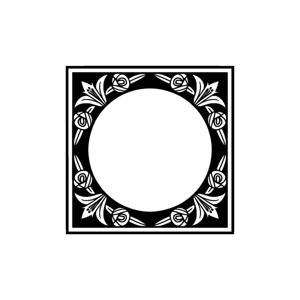 Elegant Floral Frame, Art Nouveau Style, Black White, for Invitations. vector